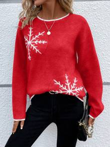 SHEIN LUNE Suéter de cuello redondo de punto con copos de nieve rojos para mujer, para otoño e invierno - Rojo - Ver 3