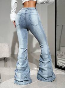 SHEIN ICON Women's Low-Rise Tight Holes Stretch Flared Jeans - Blue - View 2