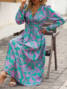 SHEIN LUNE 花卉印花荷叶边袖和收腰细节连衣裙 - 彩色 - 查看 6