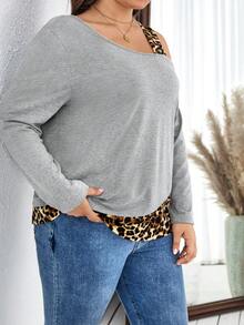SHEIN LUNE Plus Size Leopard Print Patchwork Asymmetrical Collar Long Sleeve T-Shirt - Grey - View 5