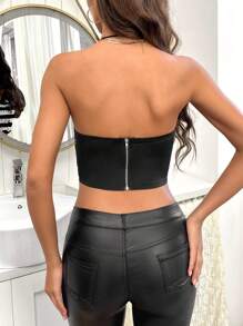 SHEIN Privé Elegant Christmas & New Year Ladies' Sequin Halter Top - Black - View 3