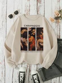INAWLY Áo nỉ dài tay in họa tiết dáng suông cổ tròn CARAVAGGIO dành cho nữ, thích hợp cho lễ tốt nghiệp, tựu trường, tốt nghiệp, giáo viên, áo nỉ mùa thu cho mùa tựu trường. - Màu Khaki - Xem 3
