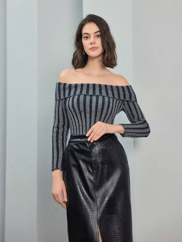 Women'S Striped Off Shoulder Knit Top