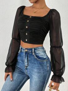 SHEIN Allurite 雪紡袖拼布褶皺短襯衫 - 黑色 - 查看 6