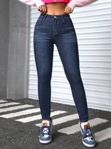 SHEIN PETITE 修身水洗牛仔褲 - 深色水洗藍 - 查看 5