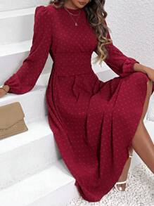 SHEIN LUNE فستان بطيات وأكمام فانوس بخصر عالٍ - عنابي اللون - مشاهدة 1