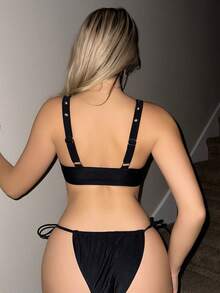 SHEIN Swim Áo bơi thiết kế chữ V sâu cho nữ có chi tiết vòng tròn - màu đen - Xem 2