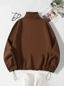 SHEIN EZwear Kích thước lớn Một nửa khóa kéo Đứng cổ áo Màu thuần Giải trí Áo nỉ - Cà phê nâu - Xem 2