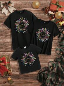 SHEIN LUNE 1 件文字圖案短袖休閒 T 卹 - 黑色 - 查看 1