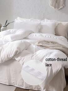 3pcs Solid Color Hemstitched Bedspread Set With White Lace Edge, Synthetic Fiber Surface - Beige - View 8