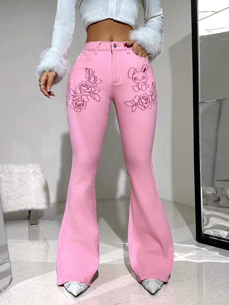 Cartoon Printed Flare Jeans