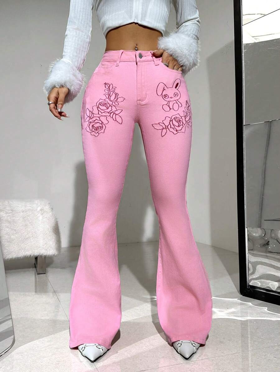 SHEIN ICON 卡通印花喇叭牛仔褲 - 粉色 - 查看 1