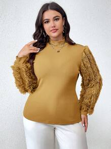 大尺碼拼布立領 T 卹 - 黃色 - 查看 6