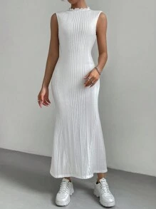 SHEIN Essnce 女款修身款針織立領肋身連衣裙 - 白色 - 查看 4