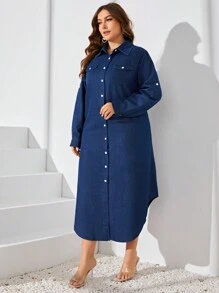 EMERY ROSE Plus Size Denim Overall Dress With Buttons Fall Cloth For Women - Dark Wash - View 4