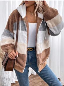 SHEIN Essnce Color Block Drop Shoulder Drawstring Hooded Teddy Jacket - Multicolor - View 3