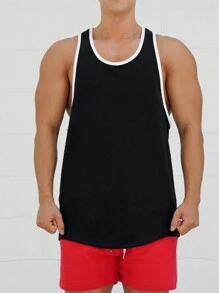 Manfinity Fitness 男士字母印花色塊運動背心，運動上衣 - 黑色 - 查看 4