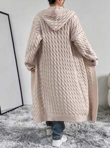 Dropped Shoulder Front Open Hooded Long Cardigan, Women's Casual Thick Knit Oversized Hooded Loose Apricot Solid Color Cardigan, Casual Daily Wear, Long Sleeve Top - Apricot - View 2