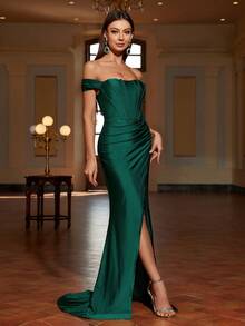 Faeriesty Off Shoulder Bodice Contrast Ruched Wrap Hem Formal Dress - Dark Green - View 7