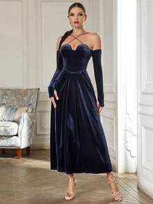 Crisscross Halter Neck Velvet Dress - Navy Blue - View 7