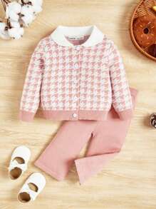 SHEIN 女宝宝休闲可爱长袖针织开衫配保暖衬里裤子套装 - 粉色 - 查看 1