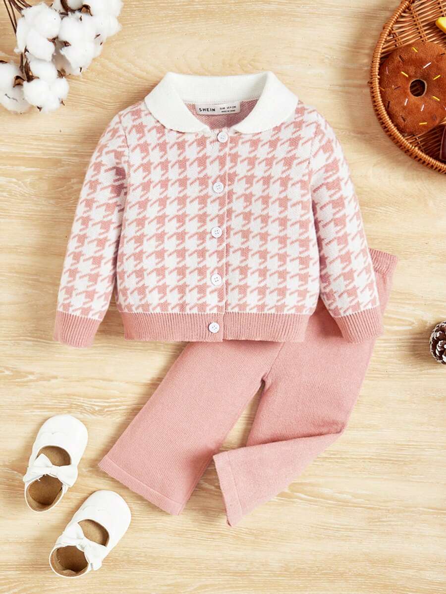 SHEIN 女宝宝休闲可爱长袖针织开衫配保暖衬里裤子套装 - 粉色 - 查看 1