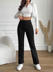 EURMUSE Leggings Acampanados De Cintura Alta De Color Sólido - Negro - Ver 4