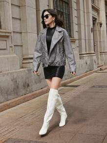 SHEIN Essnce Lỏng lẻo Retro Tay áo dài Xe máy Áo khoác - màu xanh lá - Xem 4