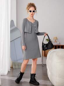 Conjunto De Vestido Y Cárdigan De Punto Corto Para Adolescentes - Gris - Ver 6