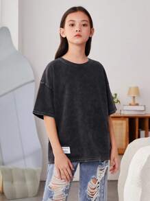 SHEIN 少女運動風和涼爽的針織短袖t恤,採用圓領設計 - 黑色 - 查看 4