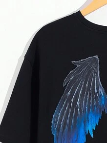 SHEIN 十幾歲男孩休閒寬鬆翼形字母印花短袖上衣搭配工裝褲套裝套裝 - 黑色 - 查看 3