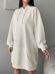 EURMUSE Kangaroo Pocket Drop Shoulder Drawstring Hooded Sweatshirt Dress - White - View 6