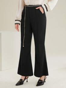 Modelyn Flared Suit Pants With Slanted Pockets And Waist Chain - Black - View 3