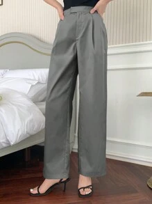 DAZY 女士纯色褶皱阔腿宽松休闲裤，商务休闲，返校服，教师裤 - 淺灰色 - 查看 3