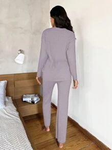 EURMUSE Women's Home Wear Set, Long-sleeved T-shirt + Trousers - Purple - View 2