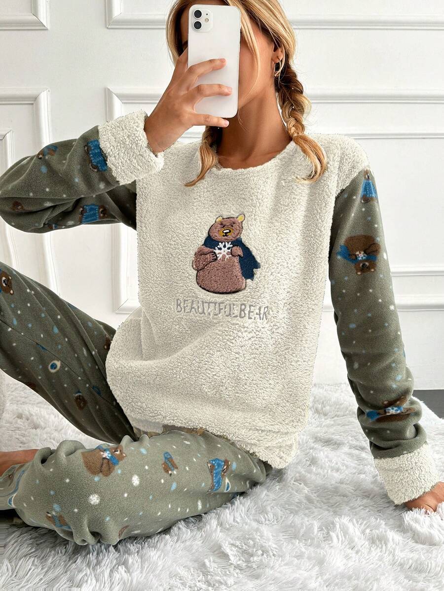 RueChic Của phụ nữ Hoạt hình Thêu Chữ Tương phản Màu sắc Bộ mặc nhà - Màu be - Xem 1