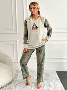 RueChic Của phụ nữ Hoạt hình Thêu Chữ Tương phản Màu sắc Bộ mặc nhà - Màu be - Xem 4