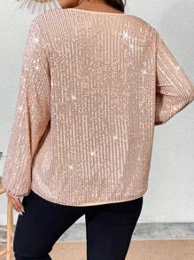 Celure Kích thước lớn Cổ chữ V Tay áo dài Kim sa Áo sơ mi - Màu be - Xem 2