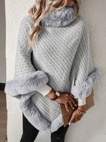 SHEIN Clasi Furry Patchwork Batwing Sleeve Sweater - Grey - View 1