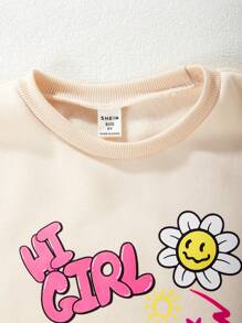SHEIN Cô gái Tween Hoạt hình In thư Lông cừu Áo nỉ Và Quần thể thao Bộ - Màu be - Xem 3