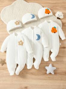 SHEIN Baby Girls' 3pcs Home Wear Bodysuit With Cute Embroidery Patch On Chest - White - View 1