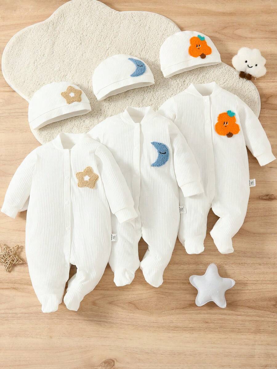 SHEIN Baby Girls' 3pcs Home Wear Bodysuit With Cute Embroidery Patch On Chest - White - View 1