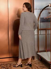 SHEIN Clasi Kích thước lớn Màu thuần Đồ đan Ribbed Hai chiếc Bộ - Màu Khaki - Xem 2