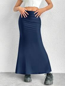 SHEIN EZwear Falda De Sirena Con Dobladillo De Color Sólido - Azul Marino - Ver 5