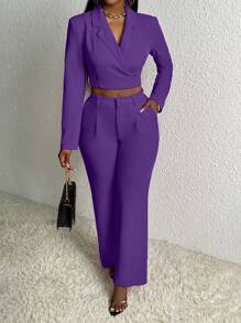 Slaydiva Slayr Elegant Long Sleeve Short Blazer And Straight Leg Trousers Purple Women's Two Pieces Set - Purple - View 3