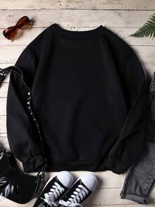 SHEIN EZwear 女款字母印花連帽衛衣 - 黑色 - 查看 2