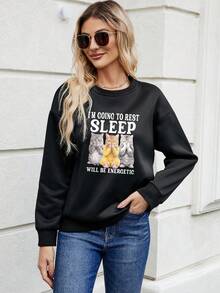 SHEIN LUNE 女標語貓印花落肩套頭衫 - 黑色 - 查看 3