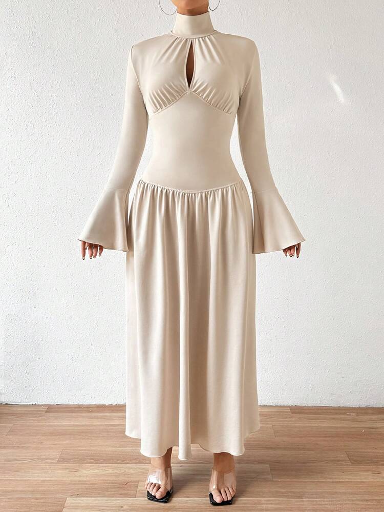 Solid Color Dress With Keyhole Neckline And Flare Sleeves