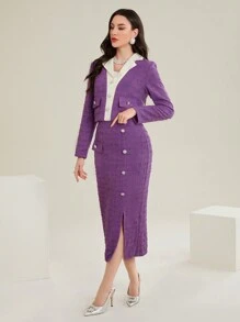 Modelyn Contrast Trim Button-Up Jacket And Asymmetric Skirt Set - Purple - View 4