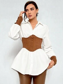SHEIN Privé 拼色腰部束帶長袖女襯衫 - 白色 - 查看 3
